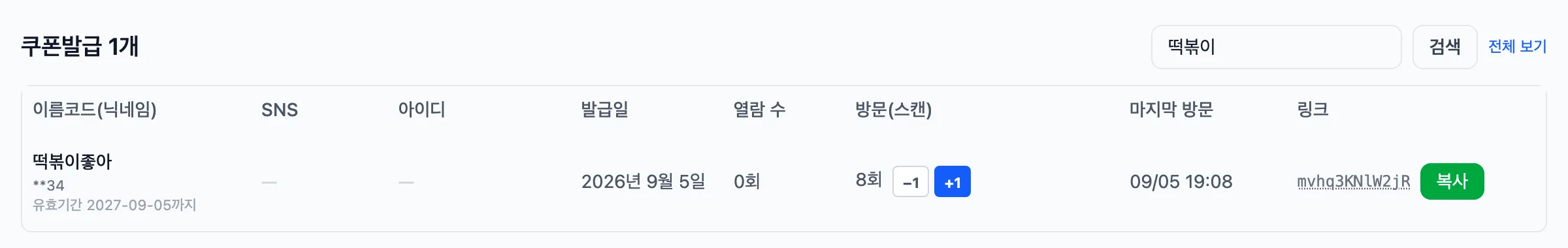 쿠폰발급 목록 — 닉네임이나 뒷번호로 카드를 찾으면 적립 횟수, +1/−1 보정, 유효기간이 보이고, 목표를 채운 카드에는 재설정 버튼이 나타납니다